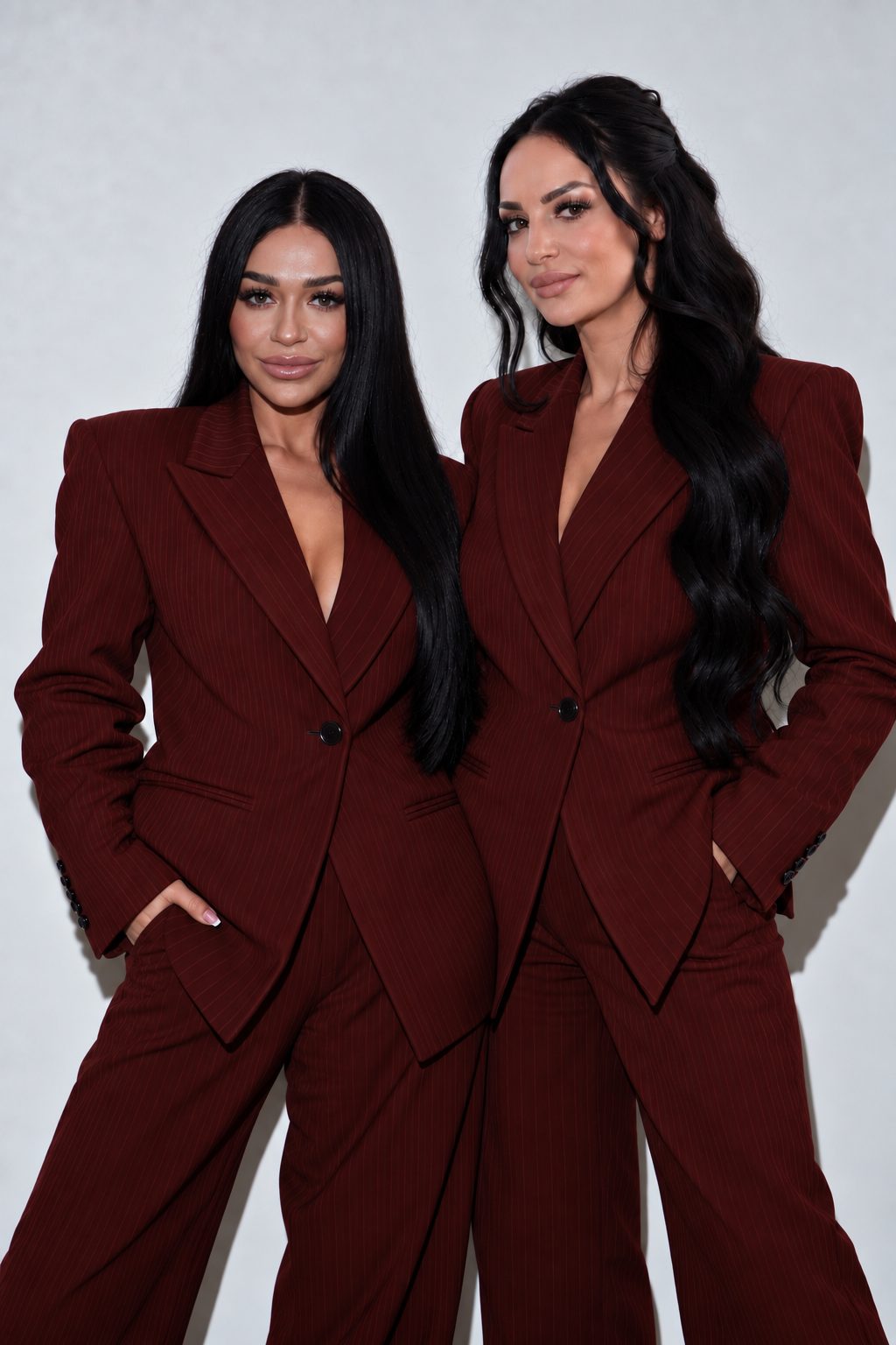 Coach Marcy and her daughter Lola in matching burgundy pinstripe suits